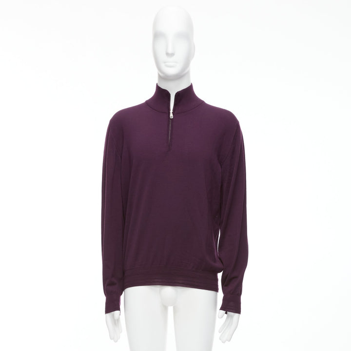 BRIONI 100% wool eggplant purple silk trimmed half zip long sleeve sweater