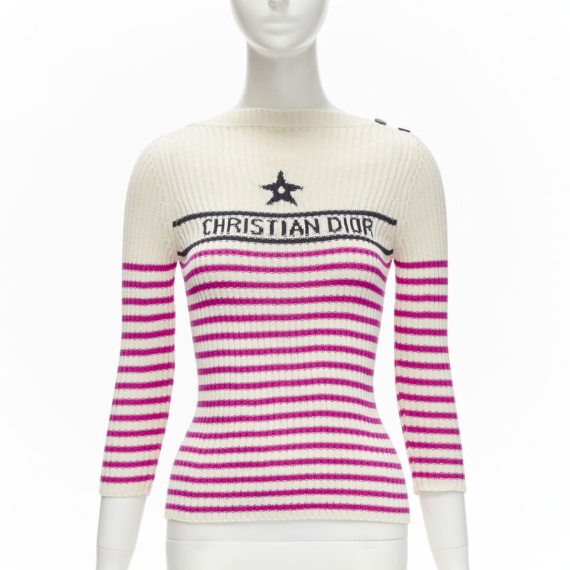 CHRISTIAN DIOR 2022 Mariniere pink nautical sailor stripe logo ribbed top FR34