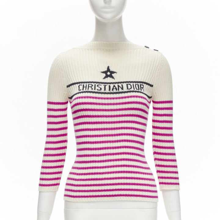 CHRISTIAN DIOR 2022 Mariniere pink nautical sailor stripe logo ribbed top FR34
