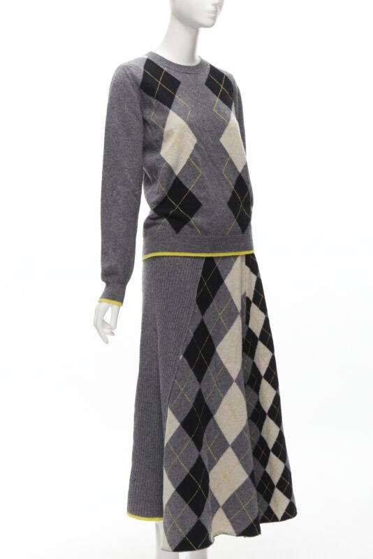 PRINGLE OF SCOTLAND wool grey argyle yellow sweater asymmetric midi skirt XS