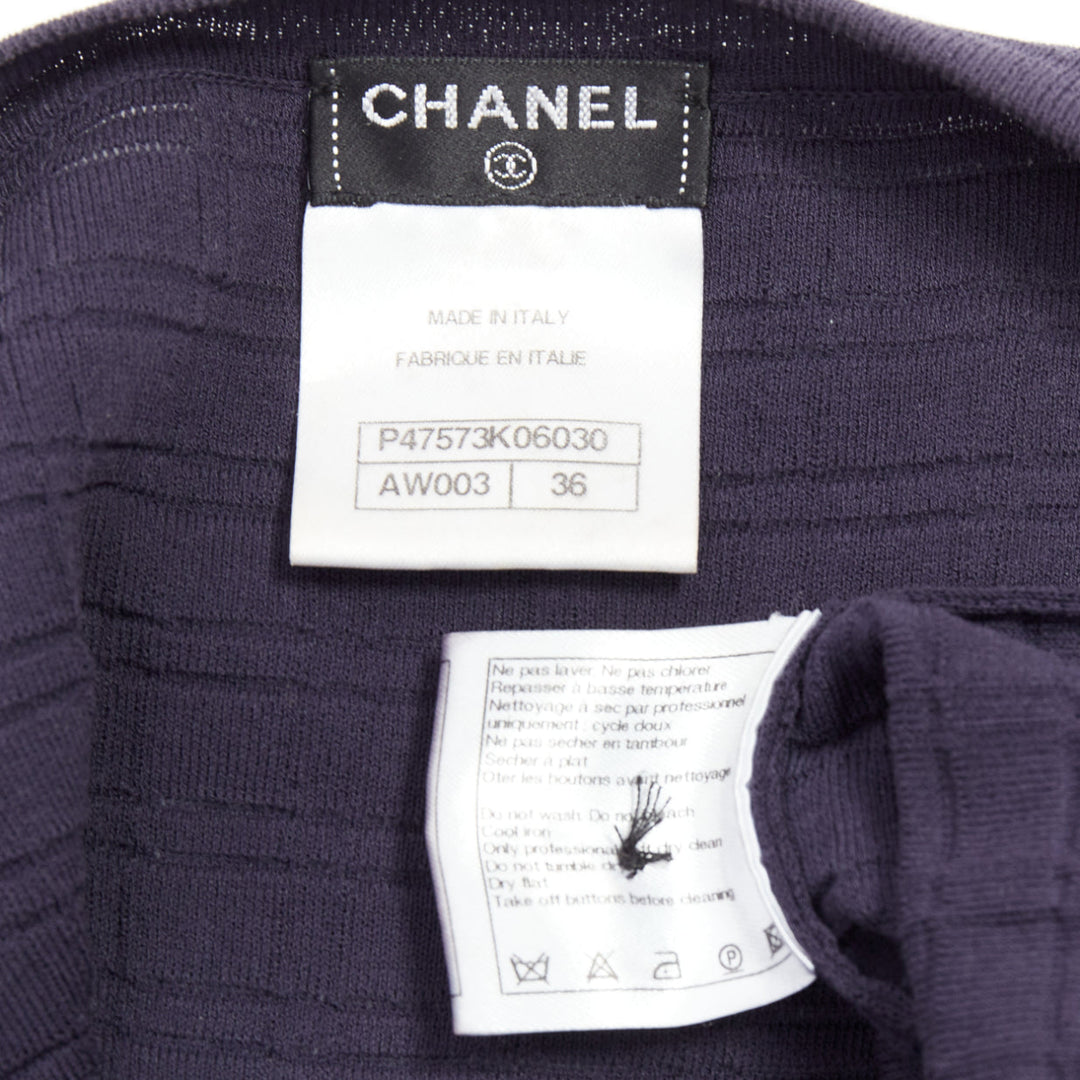 CHANEL navy cotton grid knit gold CC button 2 pocket mini dress FR36 S