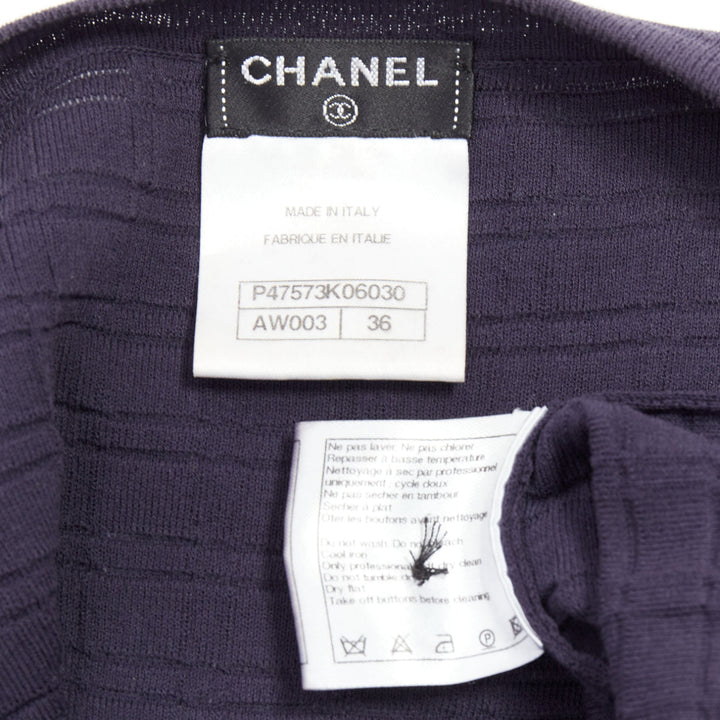 CHANEL navy cotton grid knit gold CC button 2 pocket mini dress FR36 S