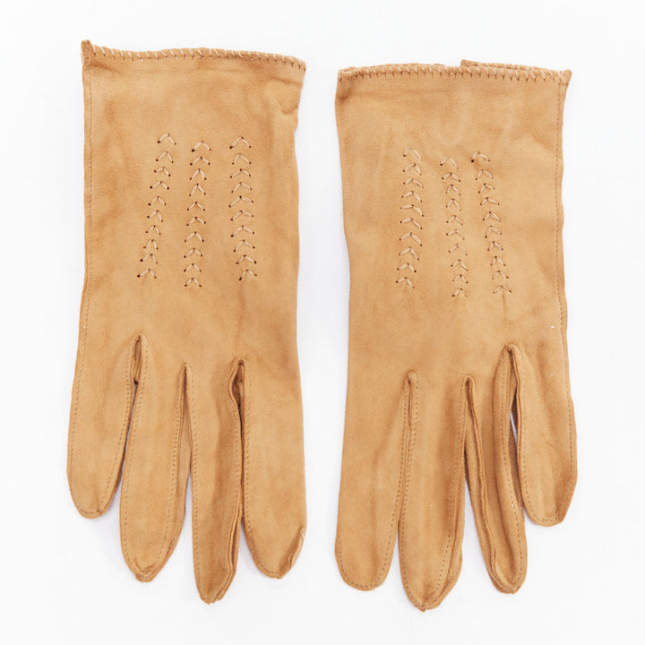 GIORGIO ARMANI brown suede V topstitch short gloves M