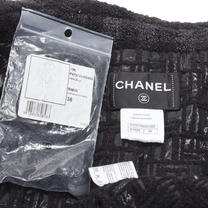 CHANEL 13K black lurex check tweed Globe CC button high low coat FR36 XS