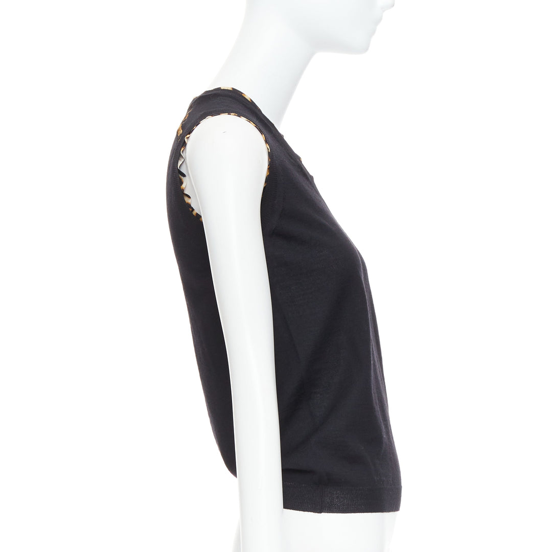 YVES SAINT LAURENT black virgin wool leopard silk trim sweater vest S