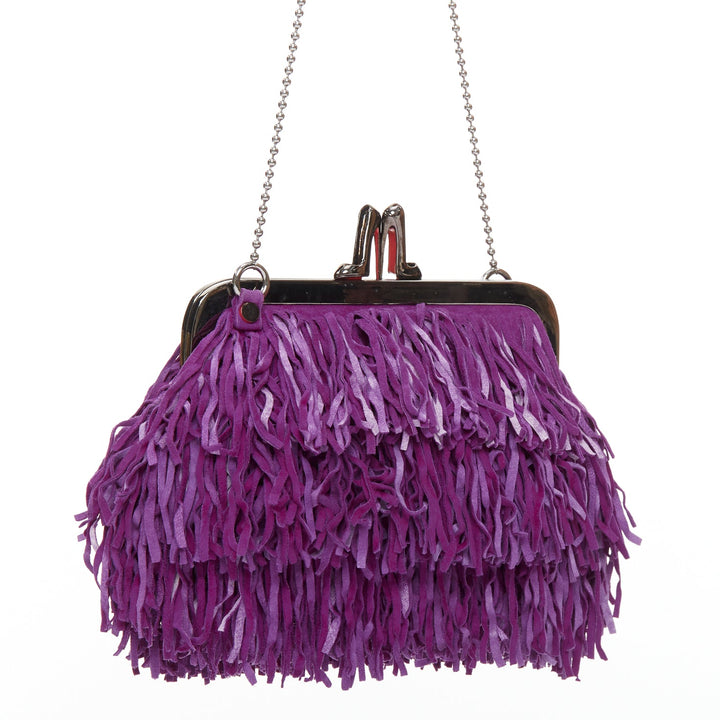 CHRISTIAN LOUBOUTIN purple suede leather fringe heel kiss lock clutch bag