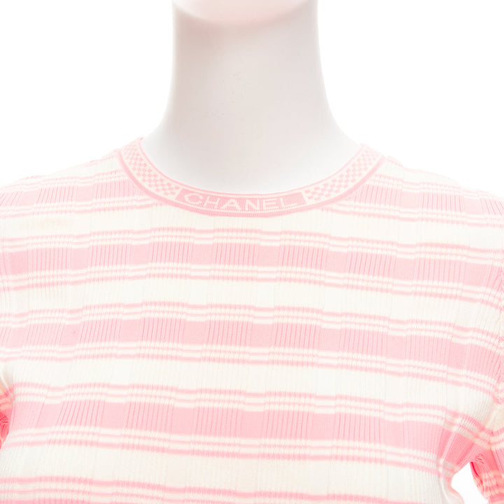CHANEL 23C white pink stripe logo charm short sleeve ribbed sweater FR40 L