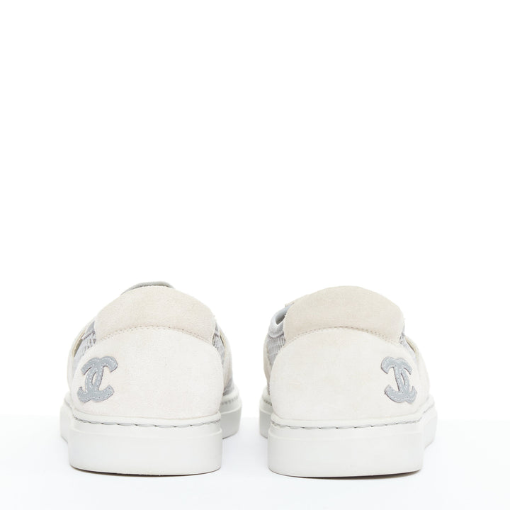 CHANEL 2015 grey mesh CC logo cream suede panelled sneakers EU36.5