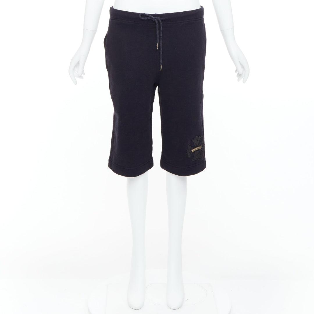 CHROME HEARTS black leather crucifix cross patch cotton bermuda shorts M