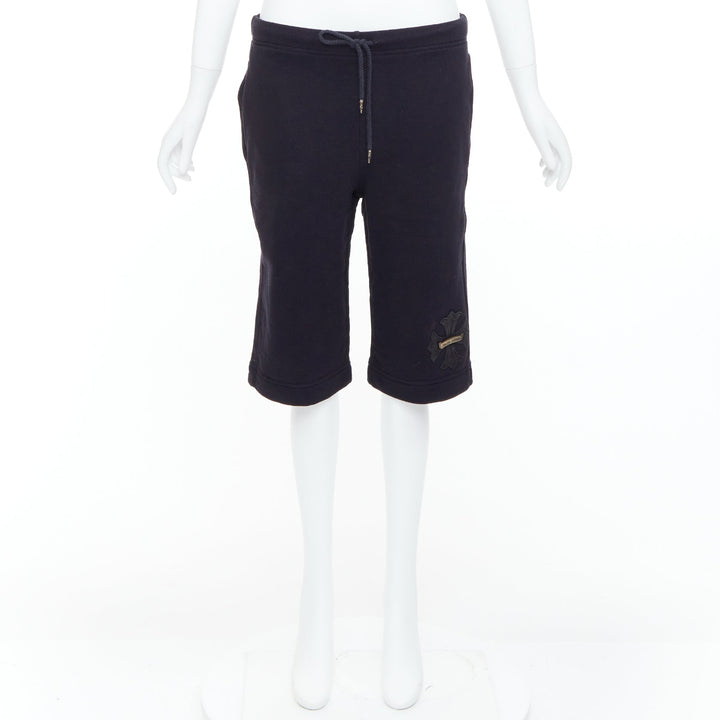 CHROME HEARTS black leather crucifix cross patch cotton bermuda shorts M