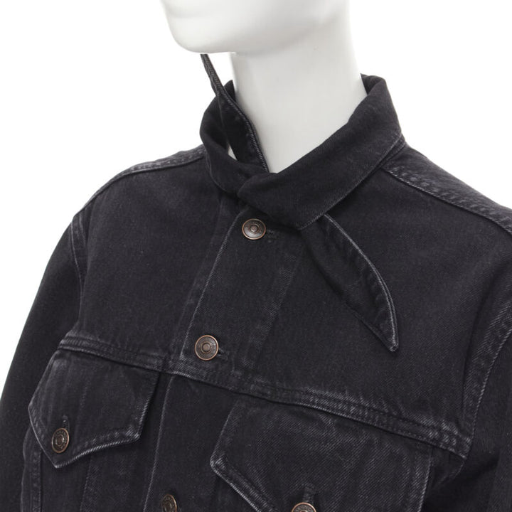 BALENCIAGA 2017 Scarf Collar Neck Tie washed black denim trucker jacket FR34 XS