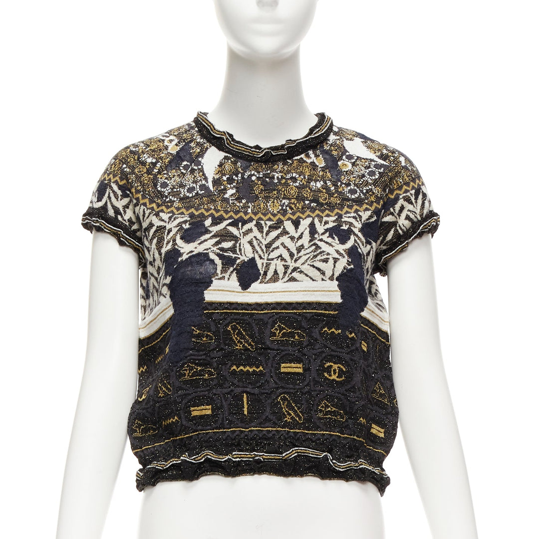 CHANEL 2019 Runway gold Egyptian Hieroglyphics CC cap sleeve sweater FR36 S