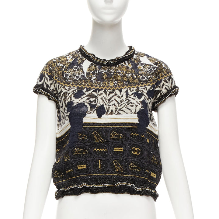 CHANEL 2019 Runway gold Egyptian Hieroglyphics CC cap sleeve sweater FR36 S