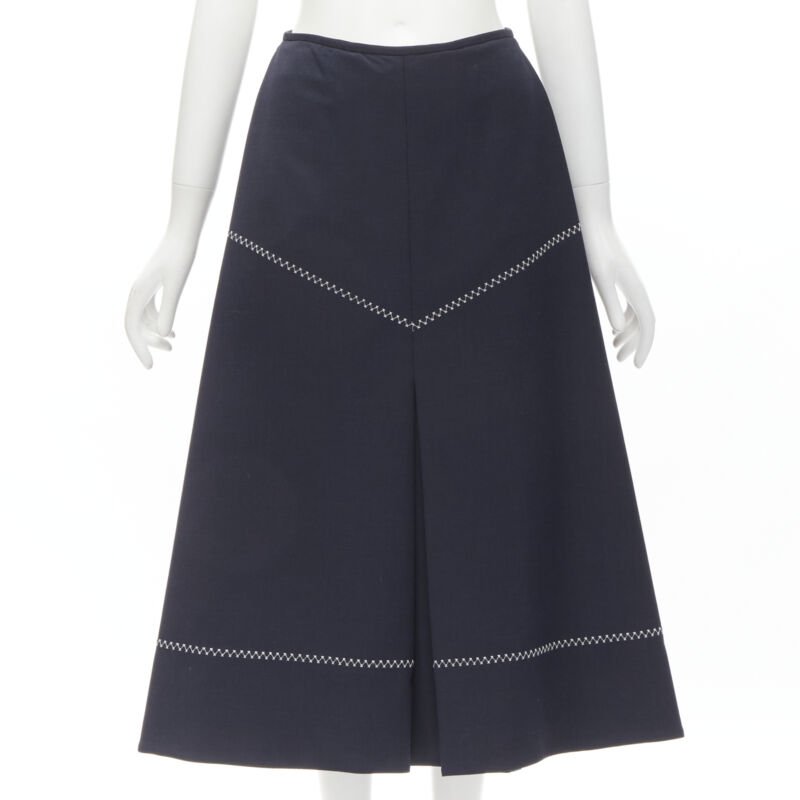 ELLERY navy polyester wool white cross hatch stitching flared skirt US2 XS