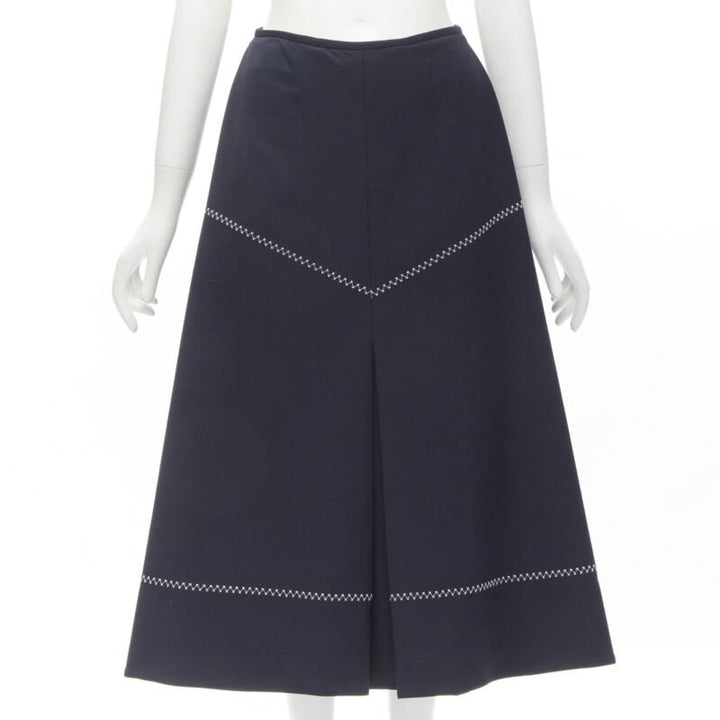 ELLERY navy polyester wool white cross hatch stitching flared skirt US2 XS