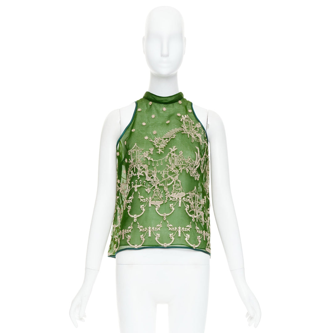 SAPTO DJOJOKARTIKO green beige oriental embroidered sheer halter top