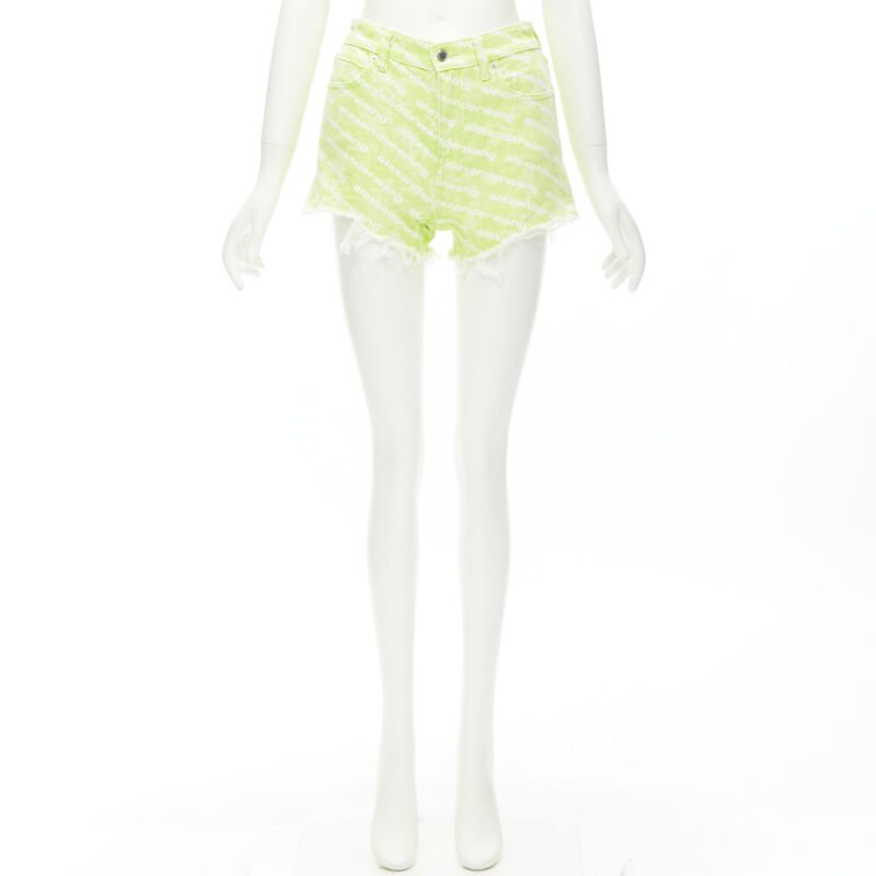 ALEXANDER WANG Bite High Rise green logo print cut off denim shorts 24"