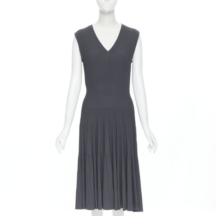 ALAIA dust grey ribbed V-neck sleeveless fit flared cocktail dress M