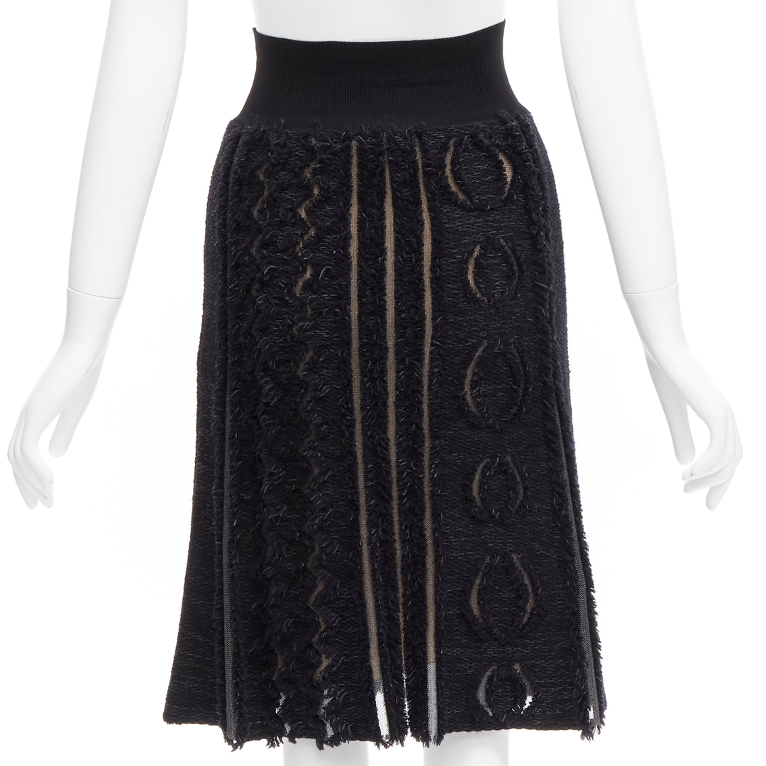 LOUIS VUITTON black wool blend grey lucid mesh cutout knit knee skirt XS