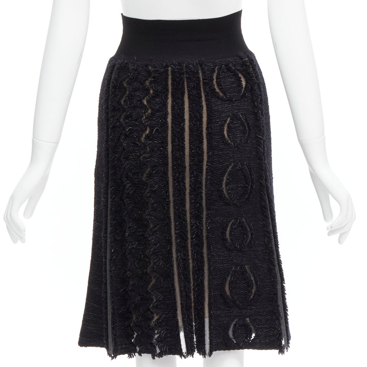 LOUIS VUITTON black wool blend grey lucid mesh cutout knit knee skirt XS
