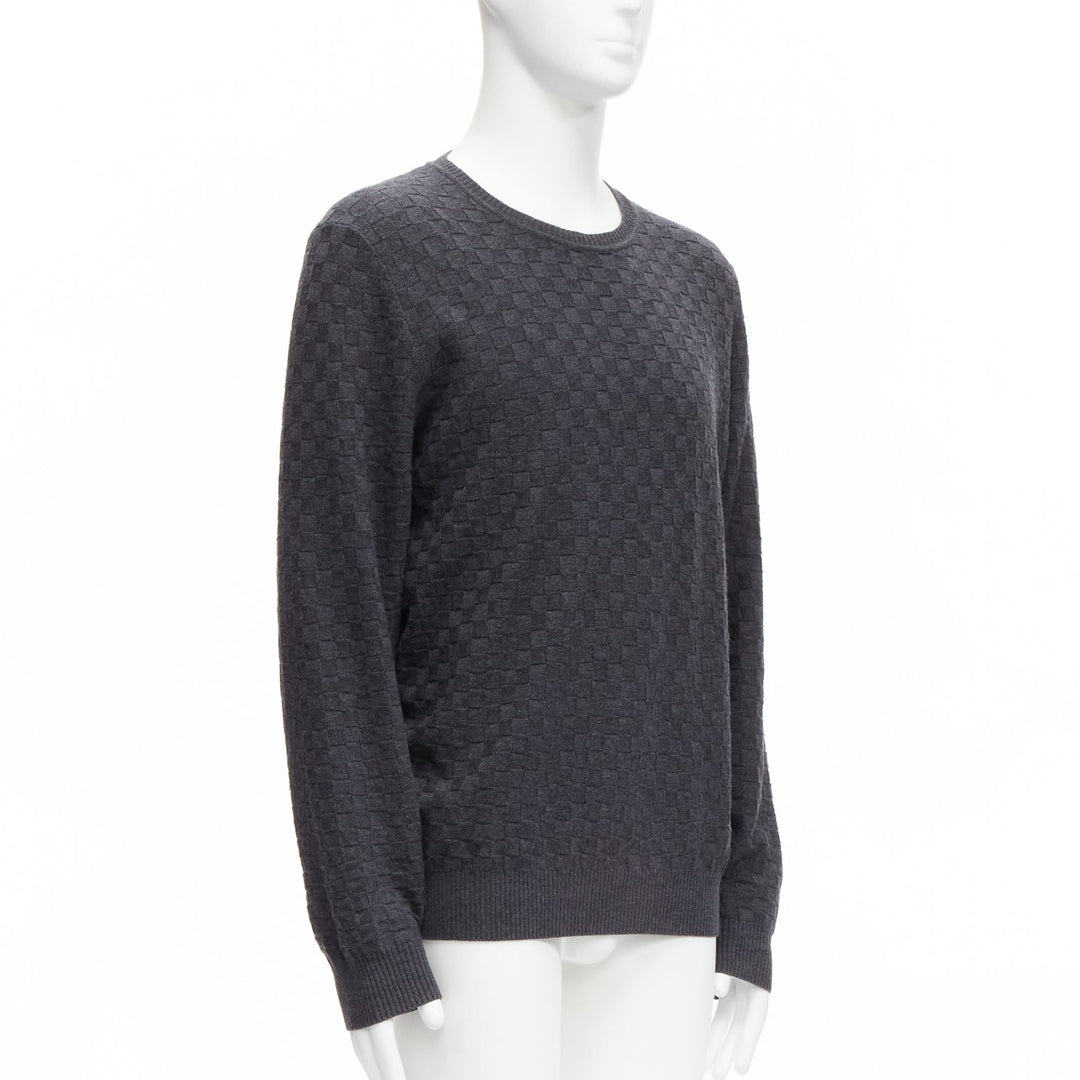 LOUIS VUITTON Damier grey wool cotton checks LV leather patch sweater L