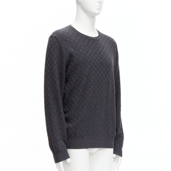 LOUIS VUITTON Damier grey wool cotton checks LV leather patch sweater L