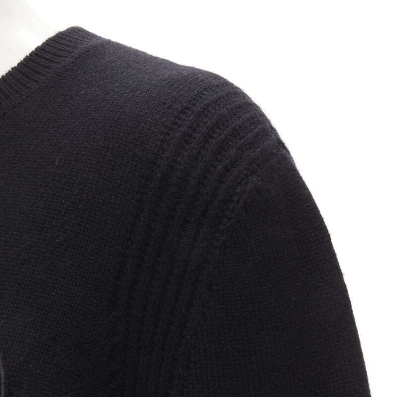 CHANEL black cashmere blend gold bead pearl CC embellished badge sweater FR42  L