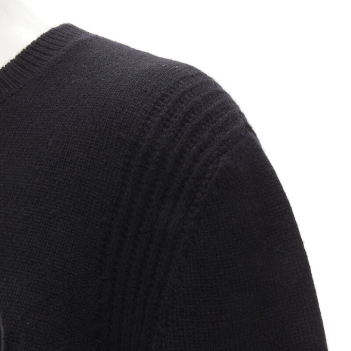 CHANEL black cashmere blend gold bead pearl CC embellished badge sweater FR42  L