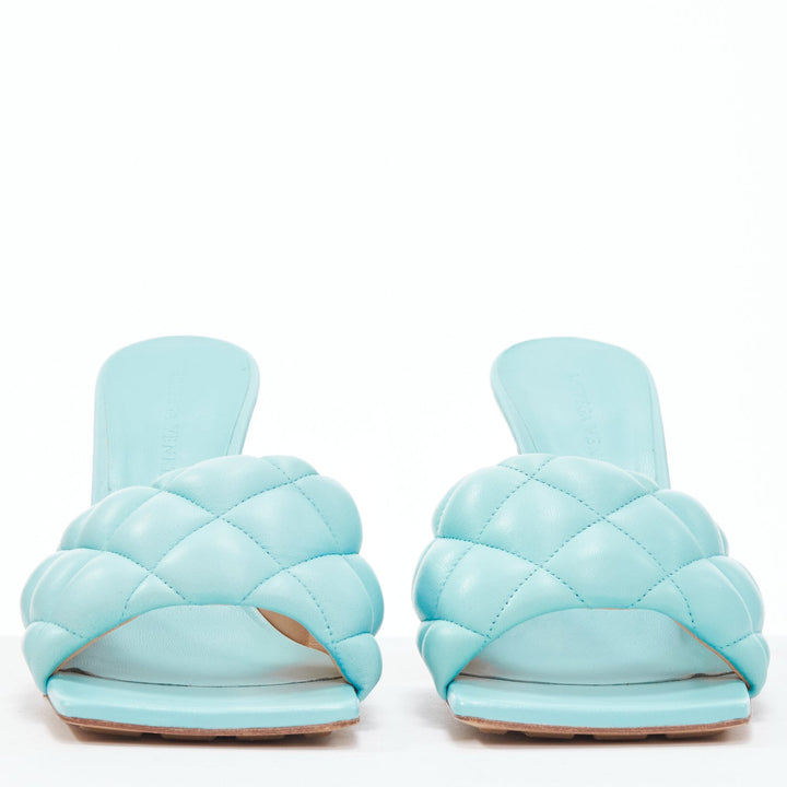 BOTTEGA VENETA Padded Matelasse light blue leather open square mule sandals EU37