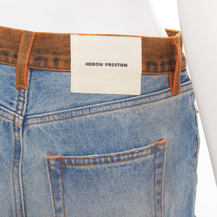 HERON PRESTON western cowboy blue washed denim orange waist cut off shorts 25"