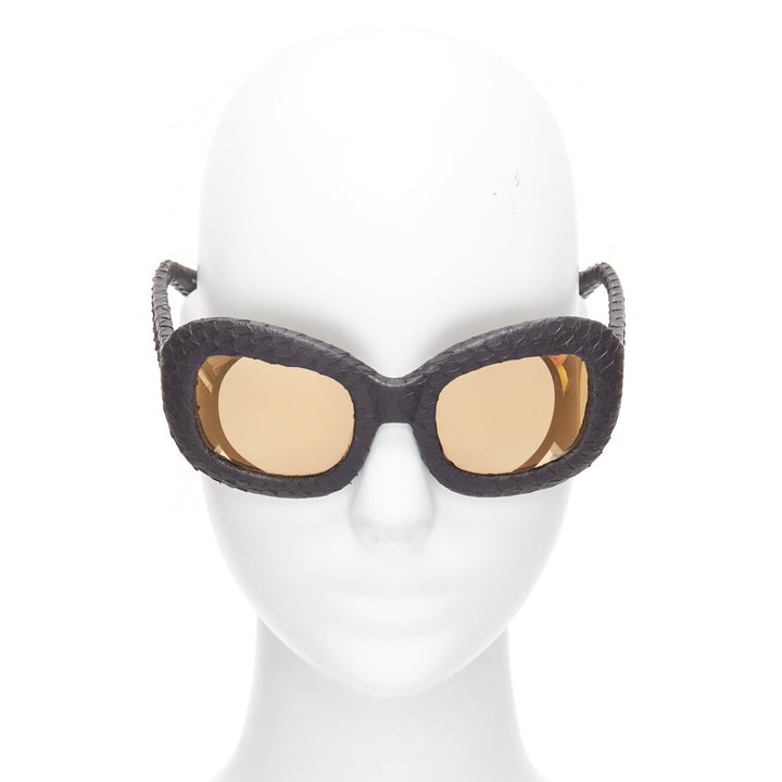 LINDA FARROW LUXE matte black scaled frame reflective gold oversized sunglasses