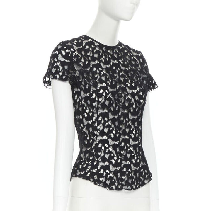 NINA RICCI black sheer lace cap sleeve zip back T-shirt top FR40 XS