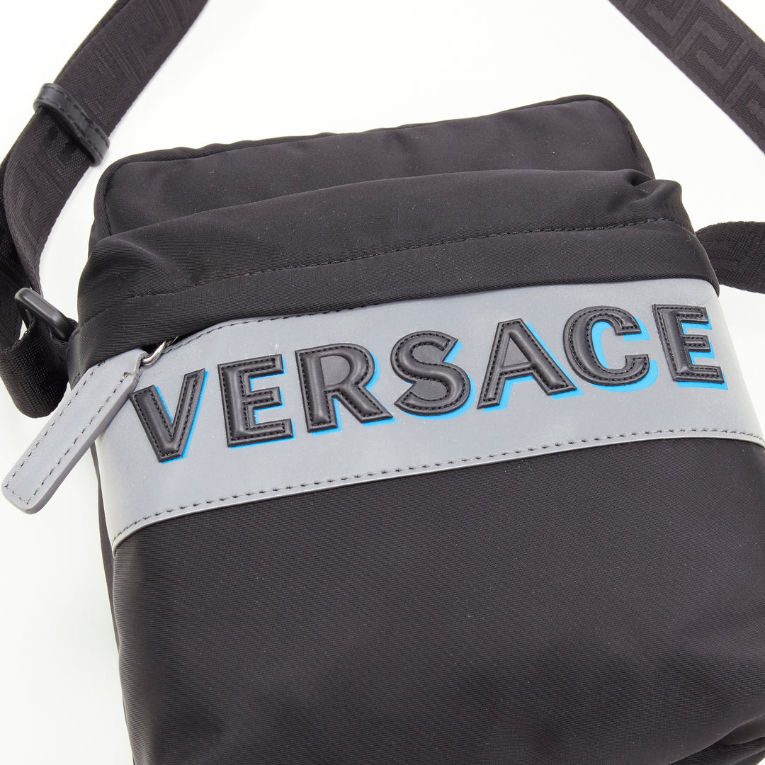VERSACE reflective logo black nylon Greca strap crossbody messenger bag