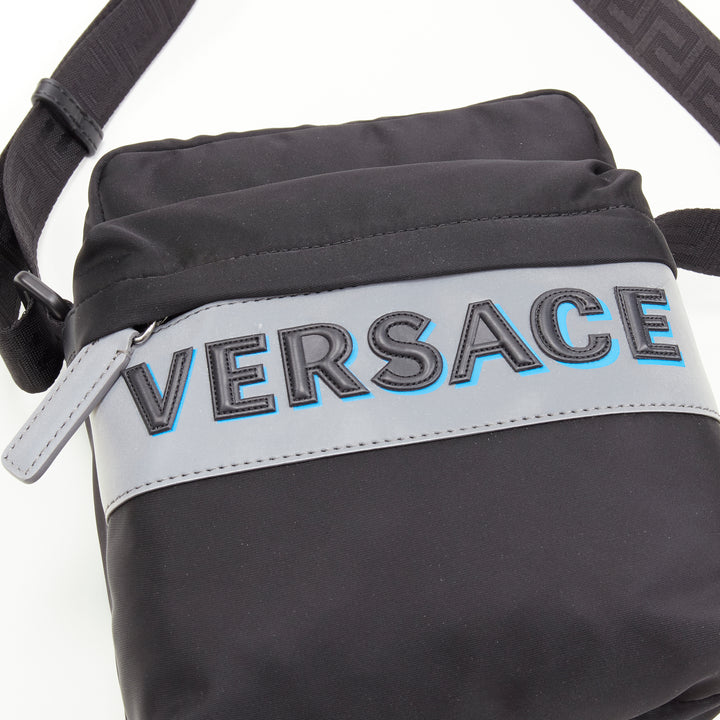 VERSACE reflective logo black nylon Greca strap crossbody messenger bag