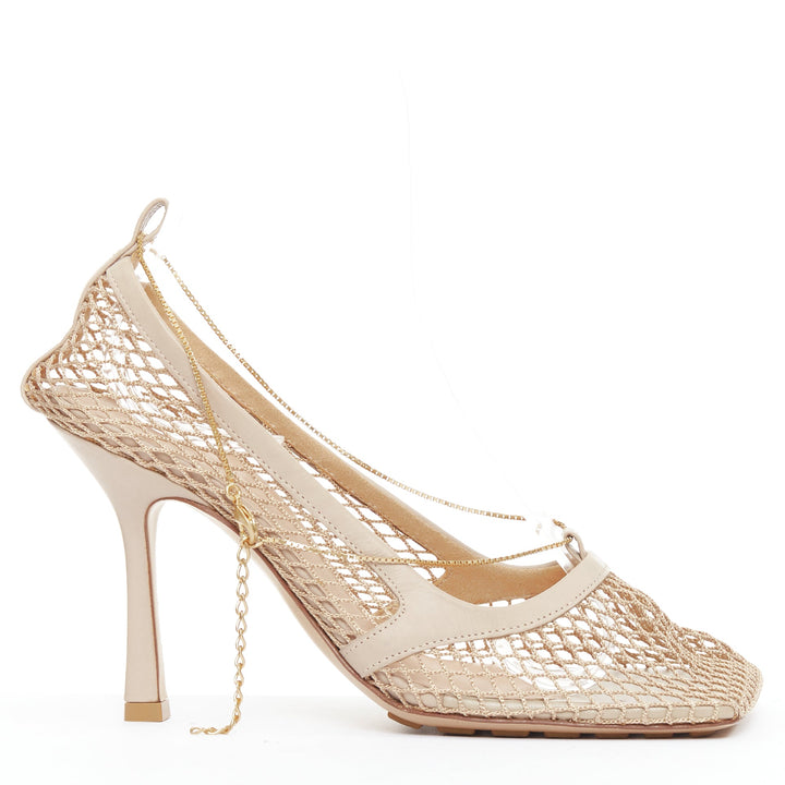 BOTTEGA VENETA Stretch nude leather fishnet square toe chain heels EU37