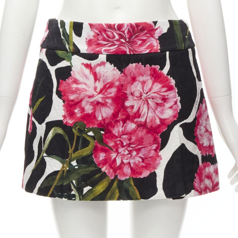 DOLCE GABBANA black pink carnation floral print jacquard mini skirt IT38 XS
