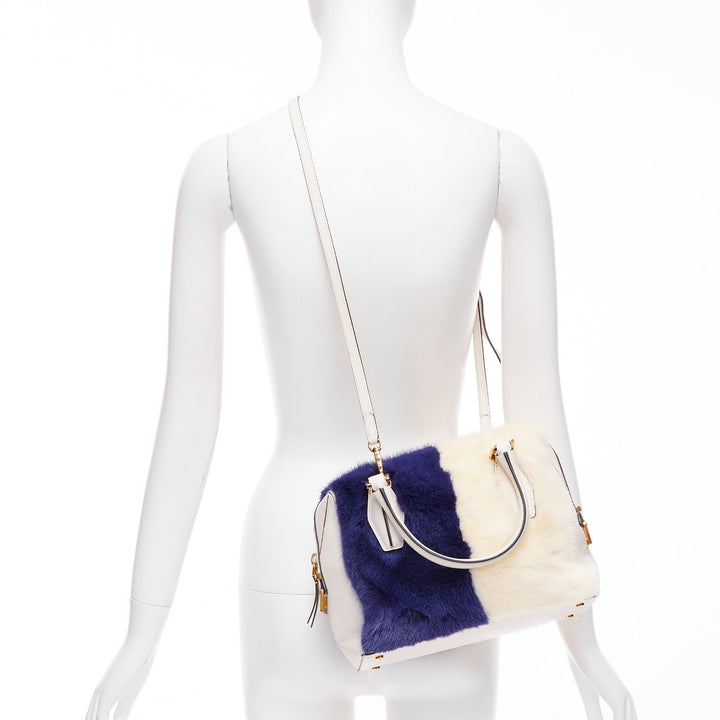 TOD'S D Cube Bauletto cream blue fur white leather GHW bowler bag
