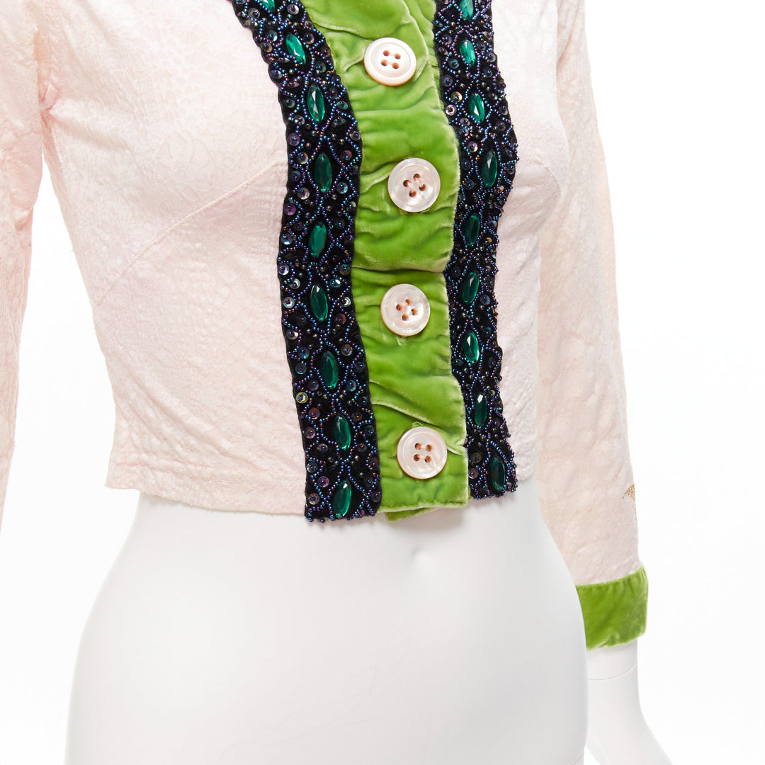 VOYAGE INVEST IN THE ORIGINAL LONDON green velvet pink lace beaded jacket M