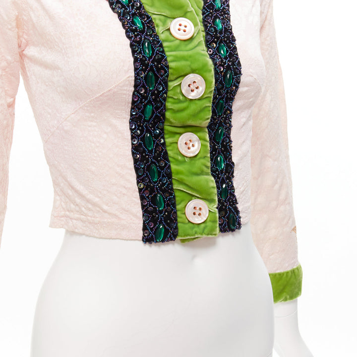 VOYAGE INVEST IN THE ORIGINAL LONDON green velvet pink lace beaded jacket M