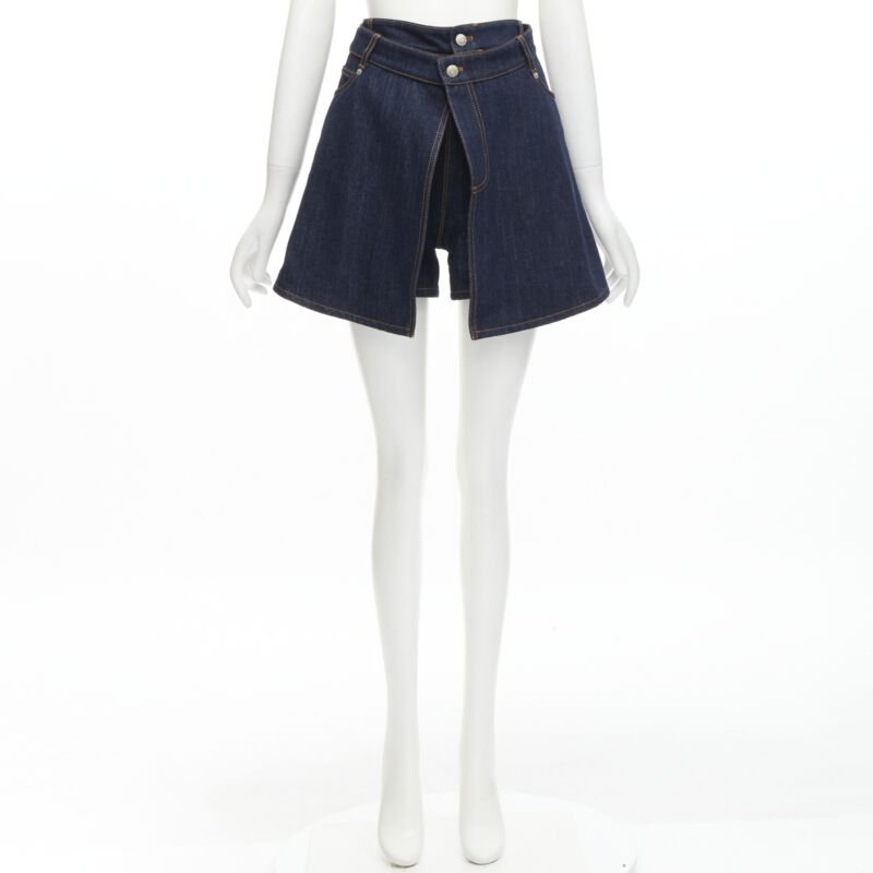 ALEXANDER MCQUEEN blue denim double waistband logo patch layered shorts 24"