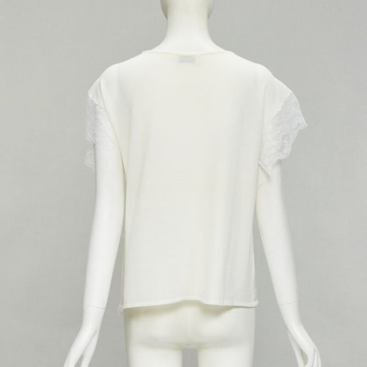 LANVIN cream white wool blend lace trim knitted pullover top M