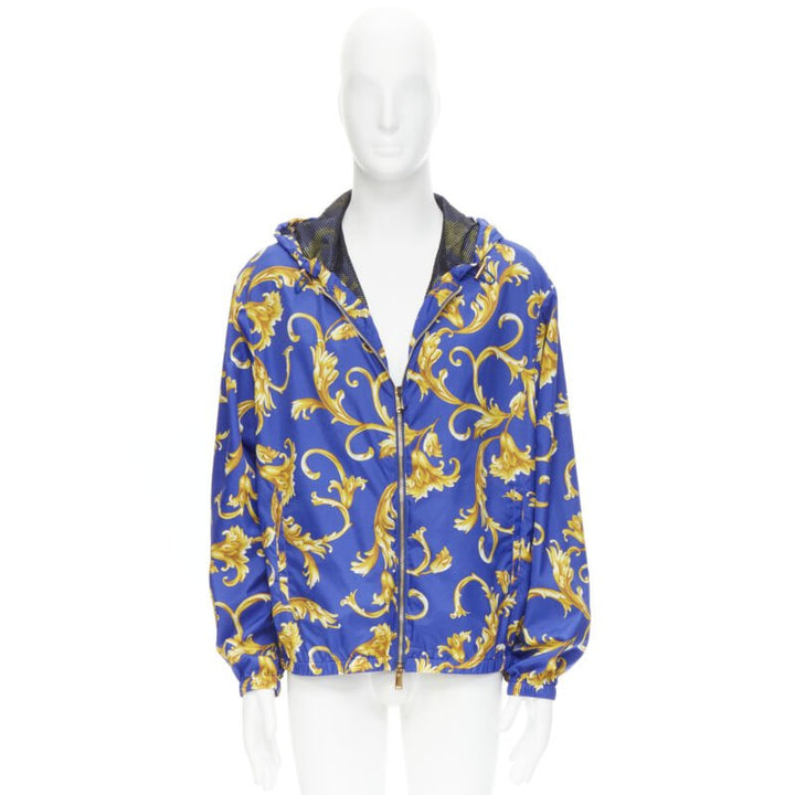 VERSACE blue gold Barocco Istante print nylon windbreaker jacket IT52 XL