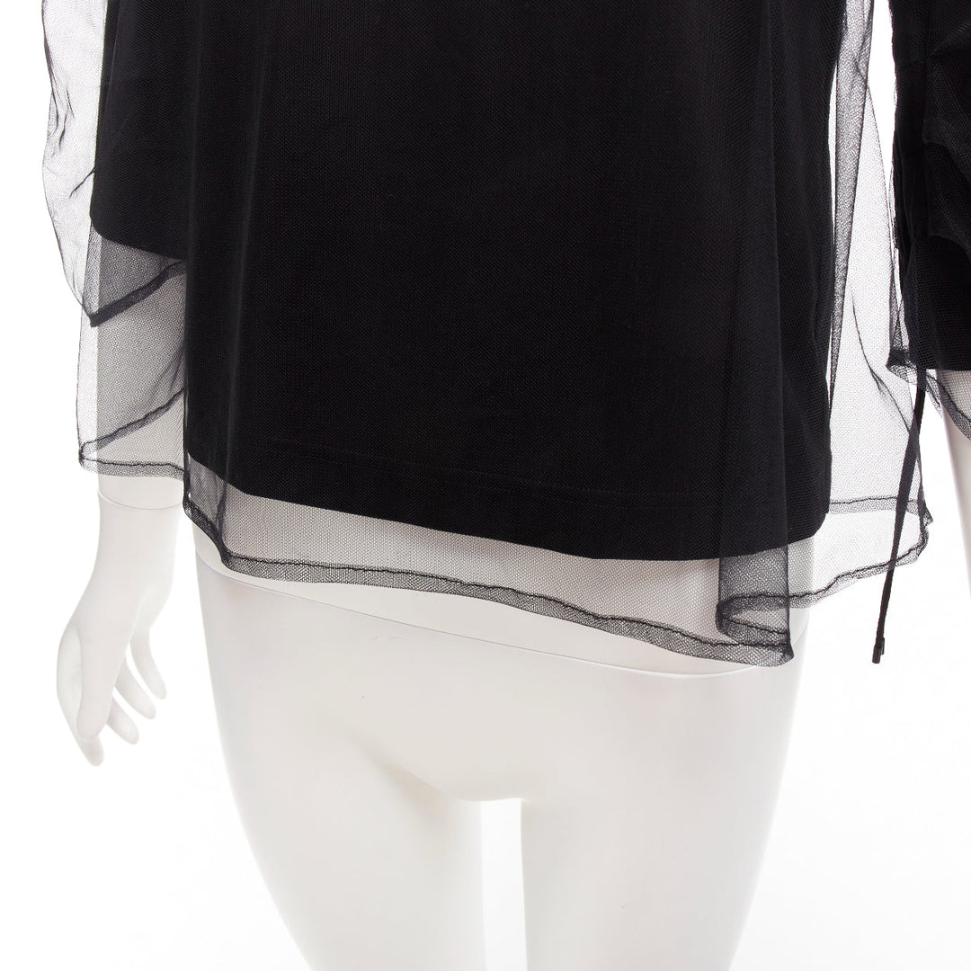 NOIR KEI NINOMIYA 2018 black cotton sheer tulle overlay ruched sleeves tshirt XS