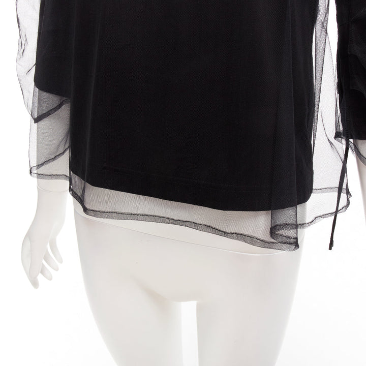 NOIR KEI NINOMIYA 2018 black cotton sheer tulle overlay ruched sleeves tshirt XS