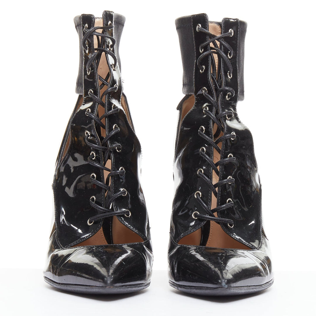 GIANVITO ROSSI black patent cut out corset lace heeled booties EU37.5