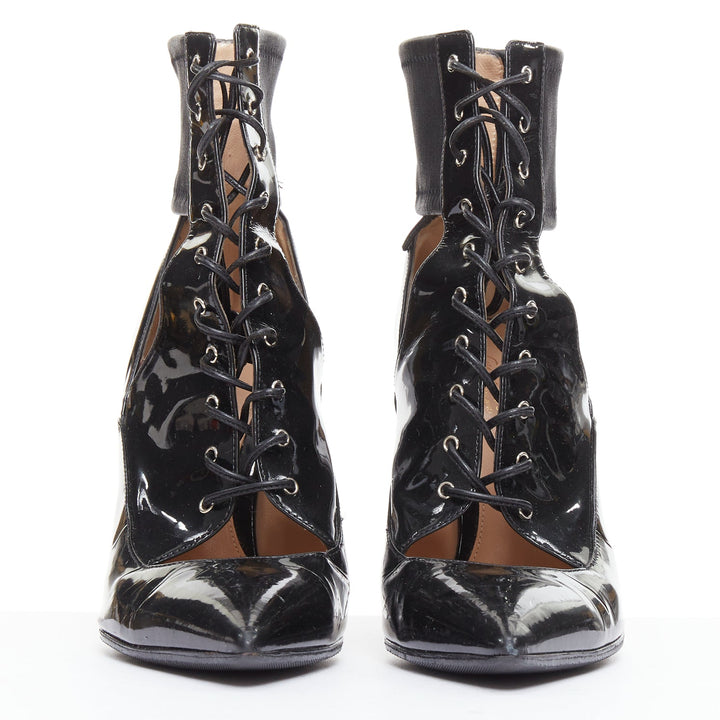 GIANVITO ROSSI black patent cut out corset lace heeled booties EU37.5
