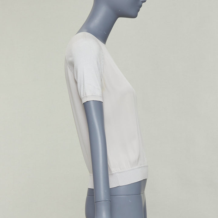 LORO PIANA grey silk bi fabric  raglan short sleeve logo charm top IT38 XS