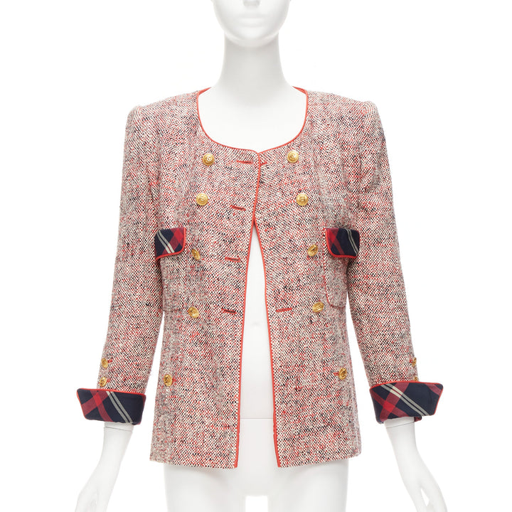 CHANEL Vintage red boucle tweed gold button double breast blazer jacket FR34 XS