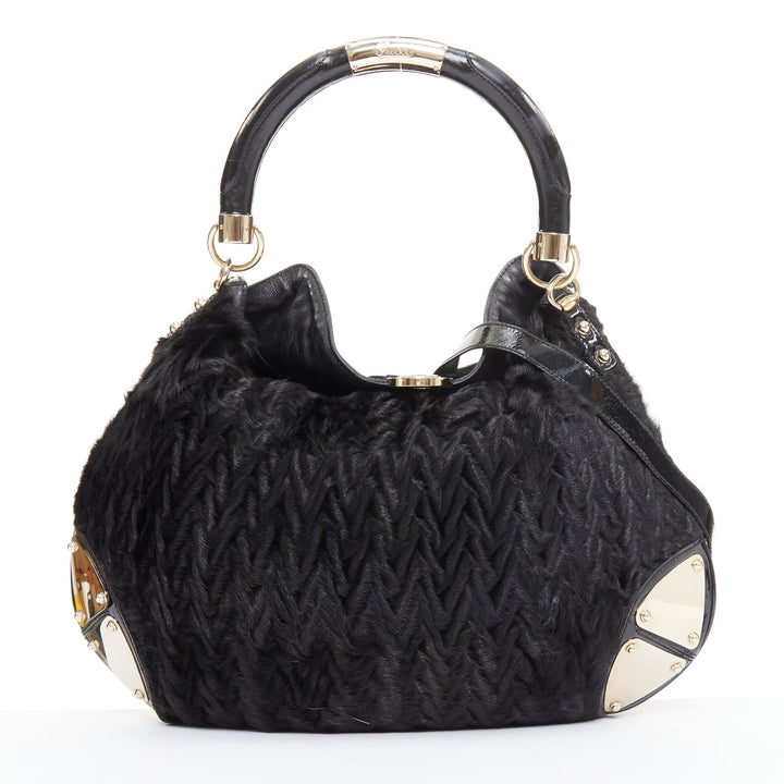 GUCCI Indy black chevron cut fur gold saddle metal handle hobo bag