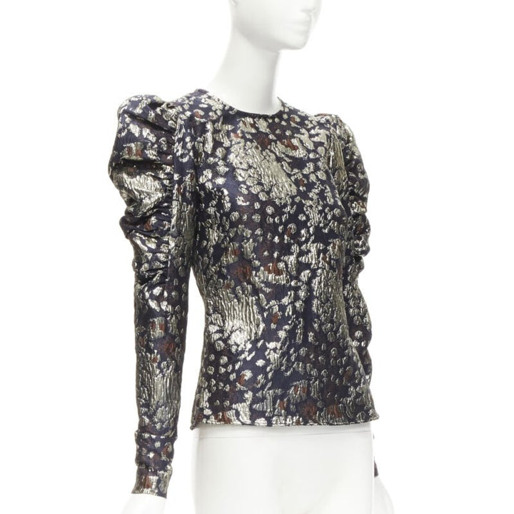 MALENE BIRGER black gold jacquard puff sleeve evening blouse top FR34 XS